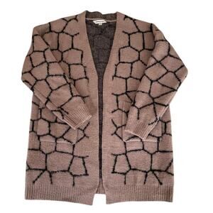 Davi & Dani Giraffe Print Cardigan Open Front Long Sleeve Pockets‎ Taupe Black M